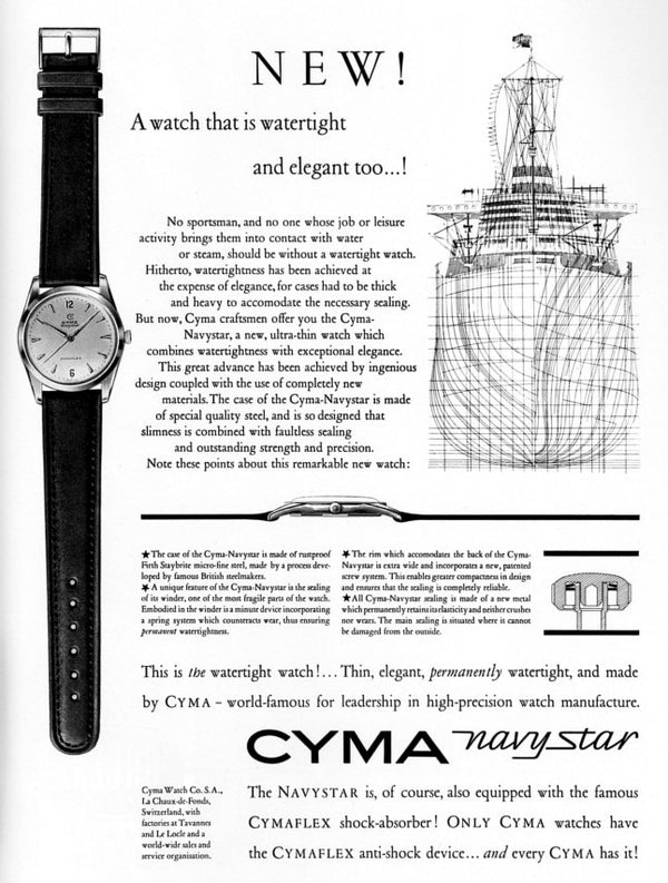 1950s Cyma Watersport steel wristwatch original all-Arabic military dial on rare GF Bonklip bracelet