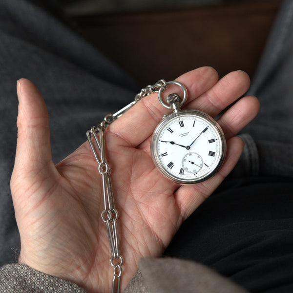 1908 Jw Benson retailed solid sterling silver open faced topwind pocketwatch by longines