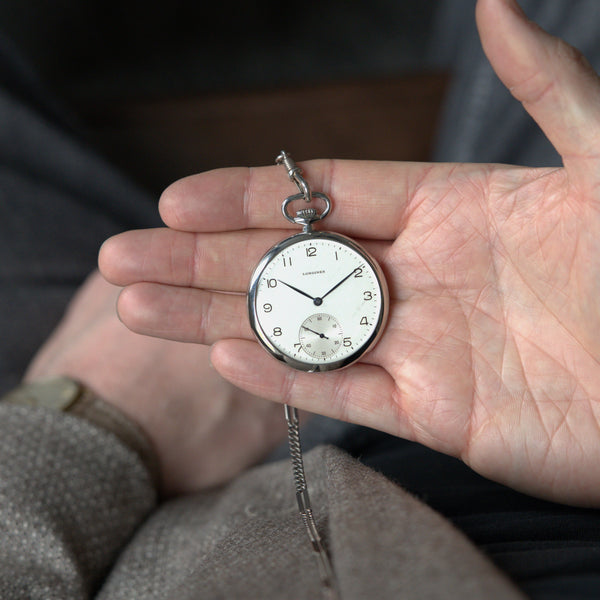1940 Longines Slim Art Deco Steel Open Face Pocket Watch - Calibre 37.9M + Extract
