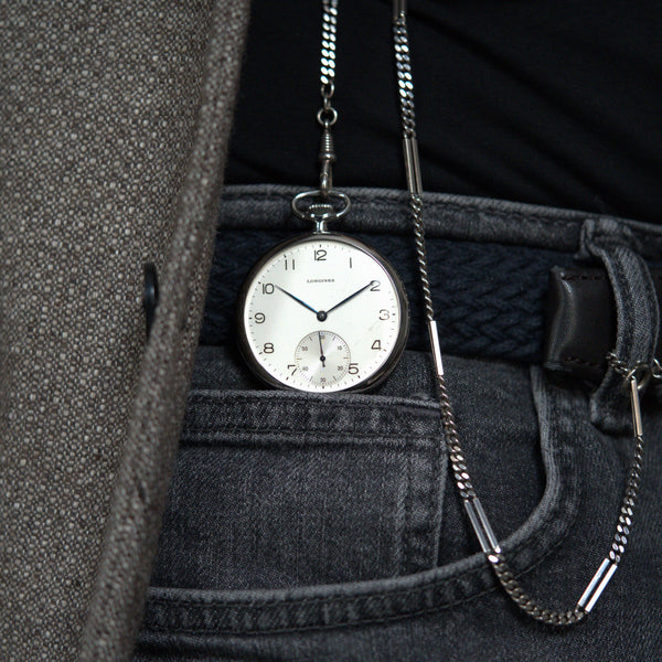 1940 Longines Slim Art Deco Steel Open Face Pocket Watch - Calibre 37.9M + Extract