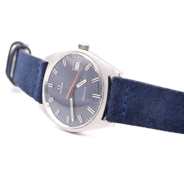 1969 Omega Geneve Date Model 136.041 Manual Wind with Metallic Blue Dial