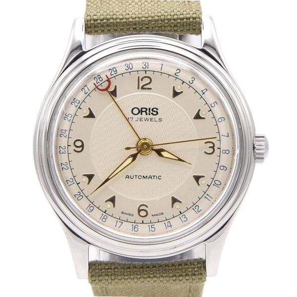 1990s Classic Oris Pointer Date Automatic in Stainless Steel Model 7403-40B with Box
