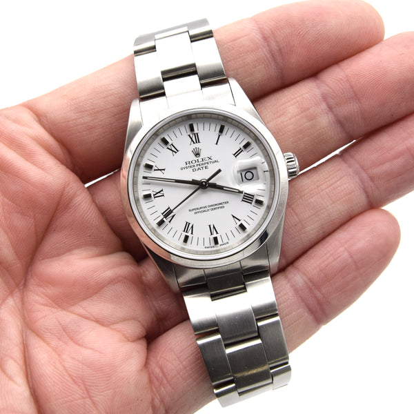 2000 Rolex Oyster Perpetual Date with white Roman Dial in Stainless Steel Model 15200 with Box and Papers Dated 1990