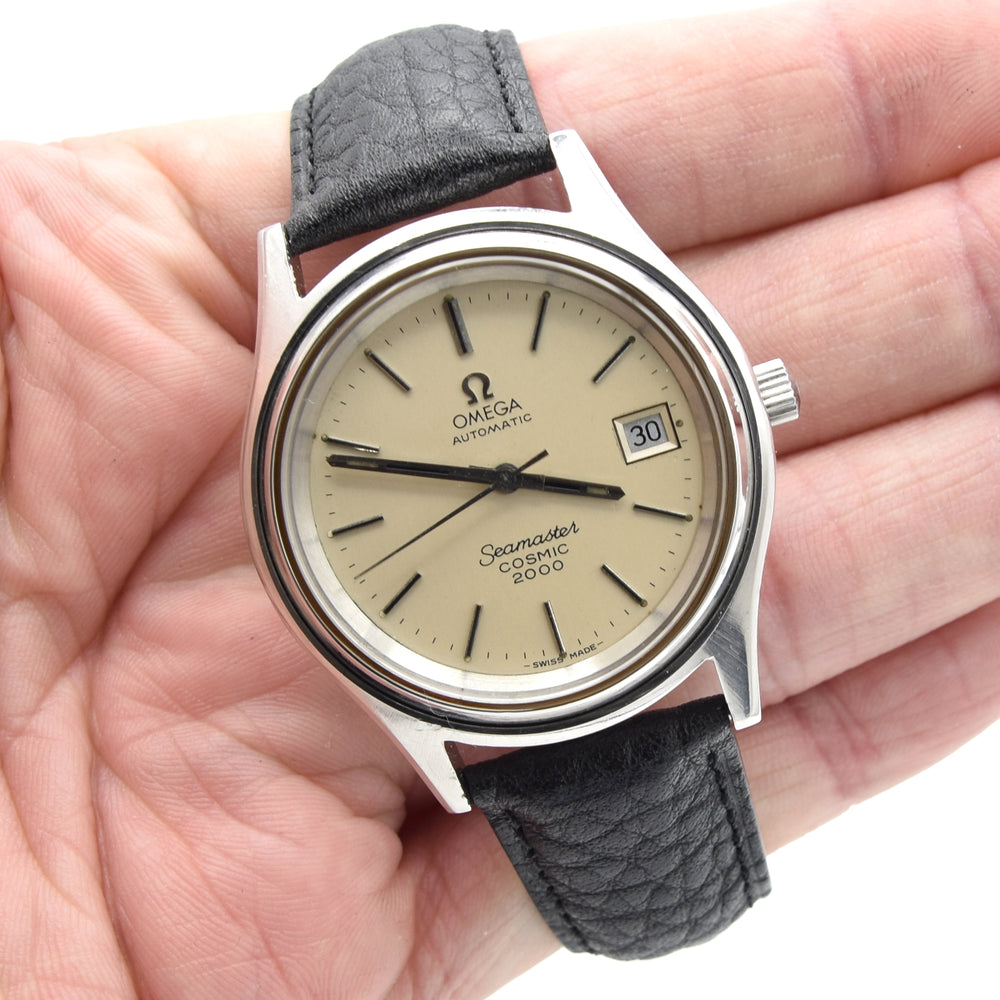 1973 Omega Large 38mm Seamaster Cosmic 2000 Automatic Date Model 166.128 with Silvered Dial