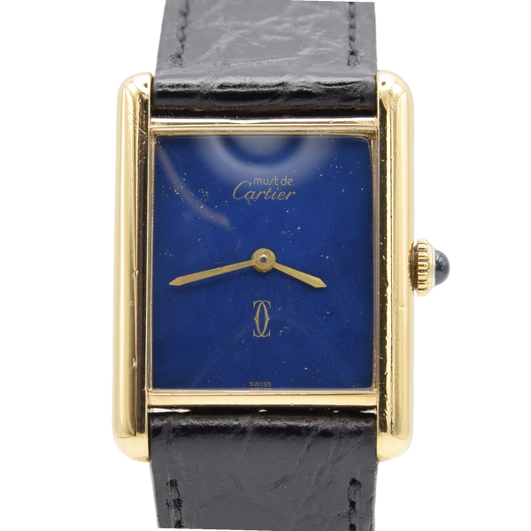 1970s Cartier Tank Mechanical Manual Wind with lapis lazuli type Dial in 925 case with box and papers