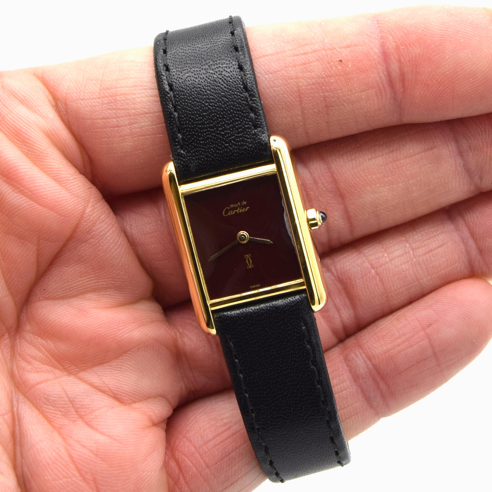 1986 Cartier Ladies Tank Swiss quartz with Rare Burgundy Red  Dial in 925 Sterling Silver Gilt Vermeil Case with Box and Papers