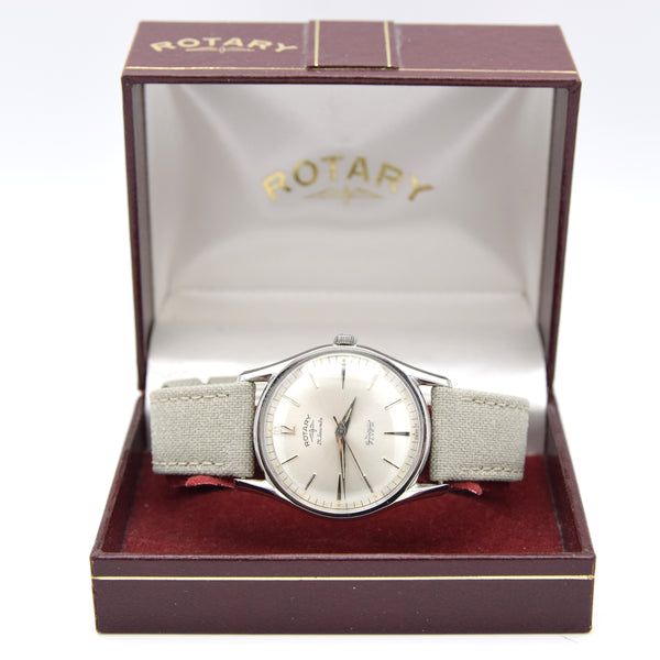 1960s classic Rotary Flyer Wristwatch 21 Jewels in steel with satin silver dial + Box