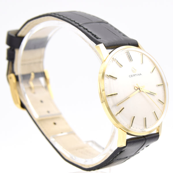 1970 Certina sleek slim Dress Watch with satin Dial in solid 18ct Gold with Box - Like New