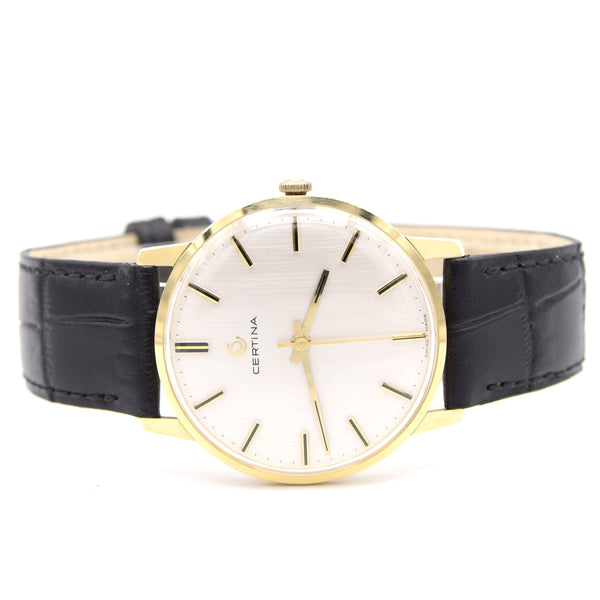 1970 Certina sleek slim Dress Watch with satin Dial in solid 18ct Gold with Box - Like New