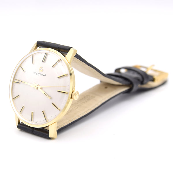 1970 Certina sleek slim Dress Watch with satin Dial in solid 18ct Gold with Box - Like New