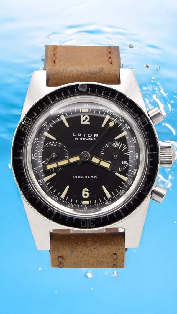 1960s Rare Lator Chronograph Dive Style Watch with stunning original Black Dial in Stainless Steel