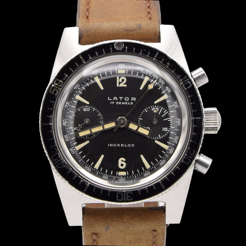 1960s Rare Lator Chronograph Dive Style Watch with stunning original Black Dial in Stainless Steel