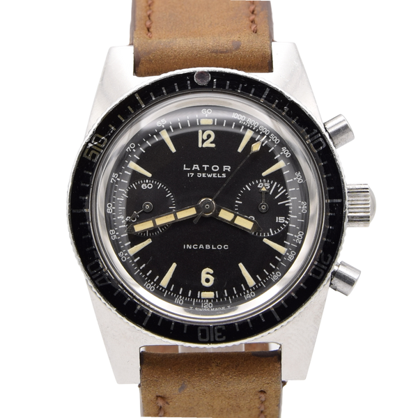 1960s Rare Lator Chronograph Dive Style Watch with stunning original Black Dial in Stainless Steel