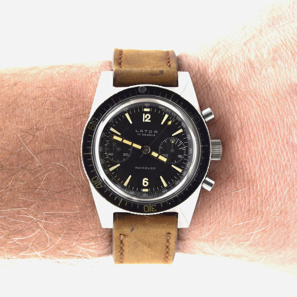 1960s Rare Lator Chronograph Dive Style Watch with stunning original Black Dial in Stainless Steel