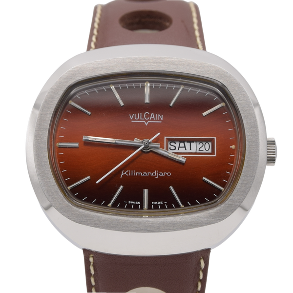 1970s Vulcain Kilimandjaro Fumé 'Lava Red' Day Date automatic watch in Stainless Steel - Unused