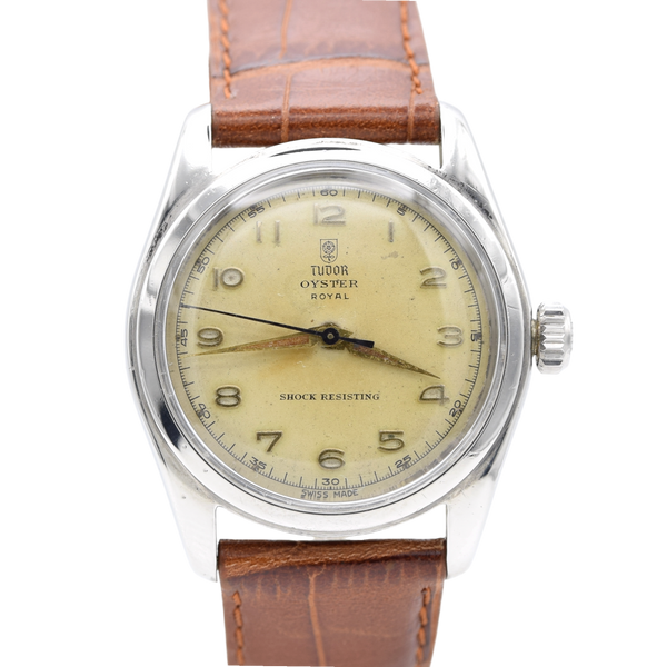 1950 Tudor Oyster Royal Shock-Resisting 'All Arabic numerals' Steel Wristwatch Model 7804 34mm All original patina