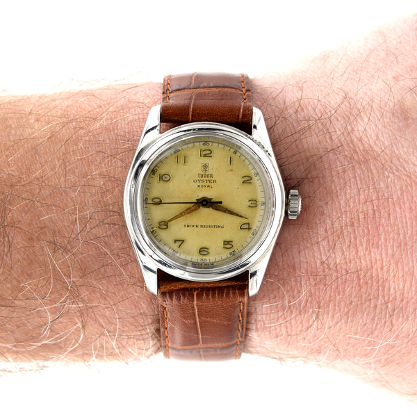 1950 Tudor Oyster Royal Shock-Resisting 'All Arabic numerals' Steel Wristwatch Model 7804 34mm All original patina