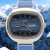 1970s Vulcain Kilimandjaro  'Sunburst Blue' Day Date automatic watch in Stainless Steel