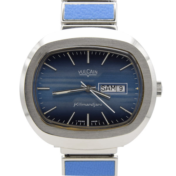 1970s Vulcain Kilimandjaro  'Sunburst Blue' Day Date automatic watch in Stainless Steel