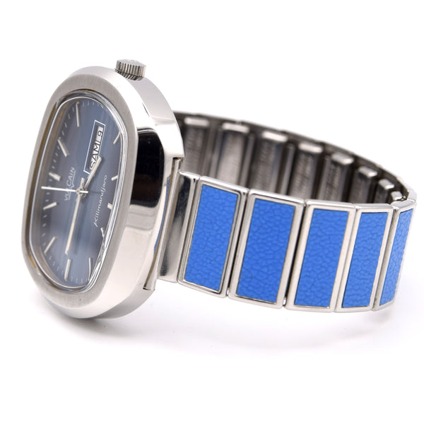 1970s Vulcain Kilimandjaro  'Sunburst Blue' Day Date automatic watch in Stainless Steel