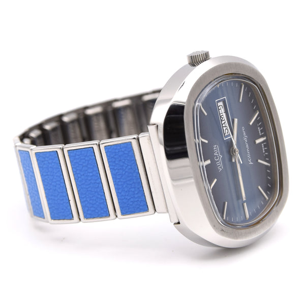 1970s Vulcain Kilimandjaro  'Sunburst Blue' Day Date automatic watch in Stainless Steel