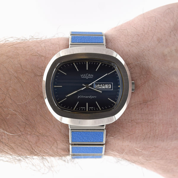 1970s Vulcain Kilimandjaro  'Sunburst Blue' Day Date automatic watch in Stainless Steel