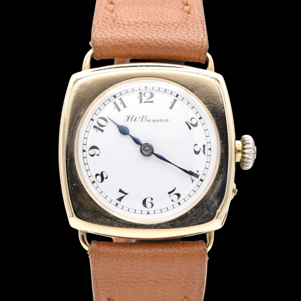 1925 JW Benson Rare All English made Watch with Enamel Dial and Arabic Numerals in 9ct Gold