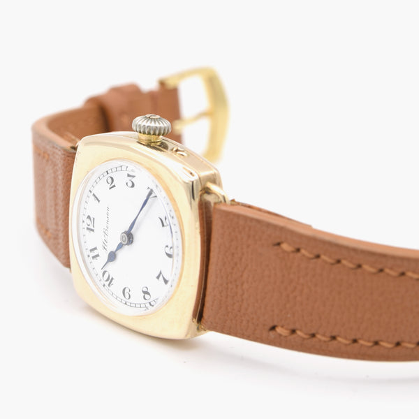 1925 JW Benson Rare All English made Watch with Enamel Dial and Arabic Numerals in 9ct Gold