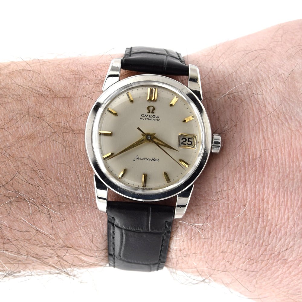 1958 Omega Seamaster Automatic Date Wristwatch Model 2849 with Original Off-White Dial in Stainless Steel