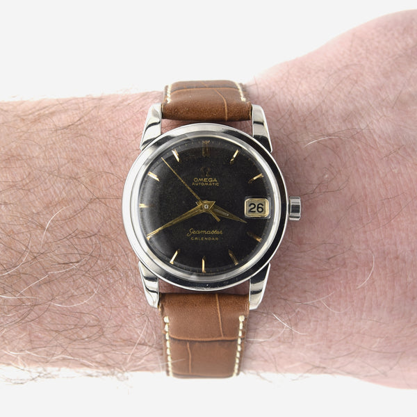 1958 Omega Seamaster 'Big Hippocampus' Automatic Calendar Wristwatch Model 2849 with Rare Original Black Dial