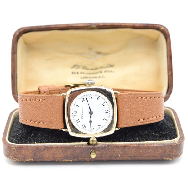 1925 JW Benson Rare All English made Watch with Enamel Dial and Arabic Numerals in 9ct Gold