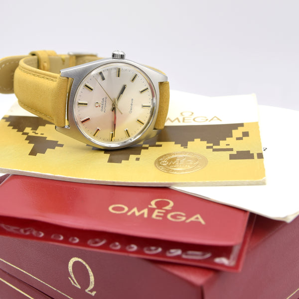 1968 Omega Genève Automatic with Satin Silver Sunburst dial in Steel Model 165.041 box & Papers