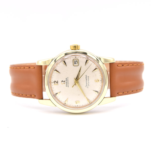 1958 Omega Seamaster Automatic Date Wristwatch Model 2849 with Original Off-White Dial Gold on steel case
