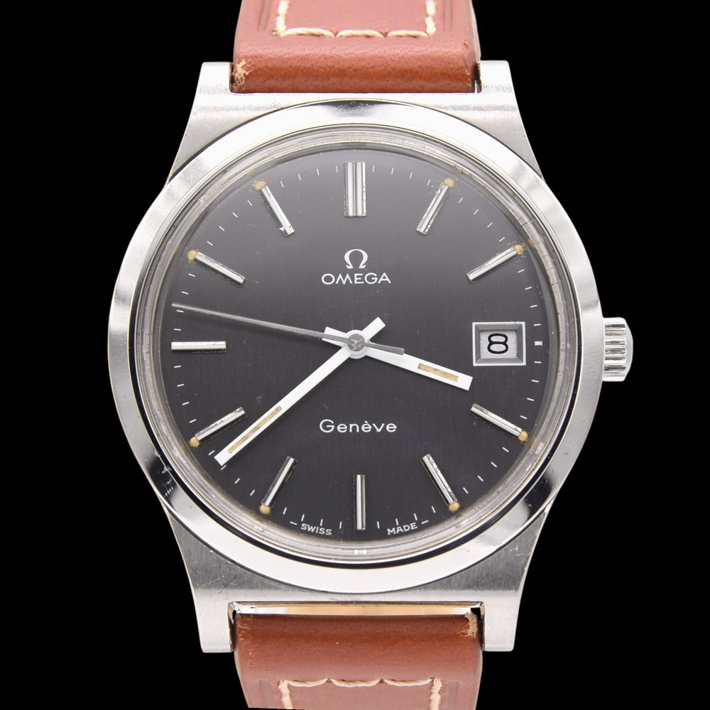 1974 Omega Geneve Date with Stunning Original Graphite Grey Dial Model 136.0102 cal 1030