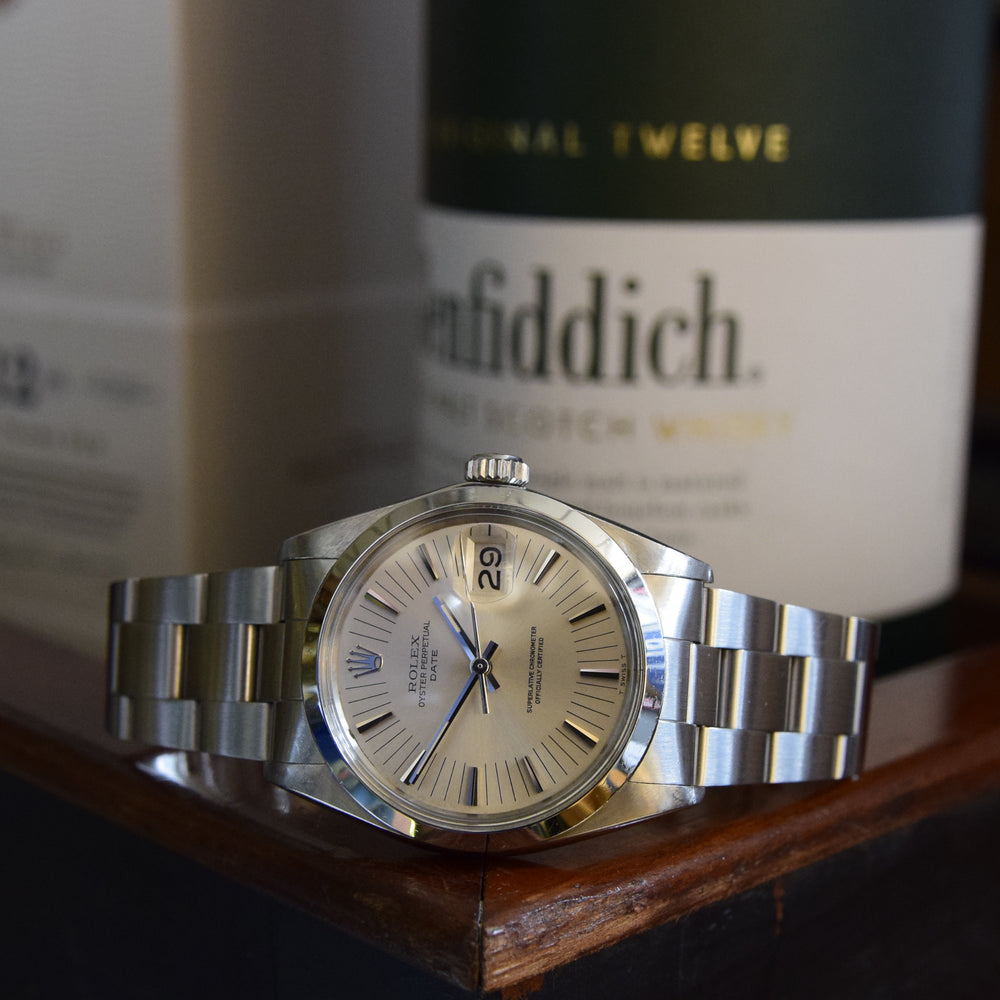 1971 Rolex Oyster Perpetual Date Model 1500 with Rare satin Silver "Radial Dial" in Stainless Steel on Oyster Bracelet