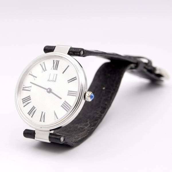 1977 Alfred Dunhill silver 925 sterling 'Green Bulls eye' swiss quartz dress Wristwatch with strap - buckle - box (Copy)