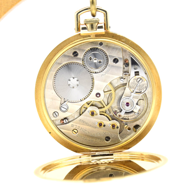 1938 Movado Ultra slim Solid 9ct Gold Art Deco Pocket Watch, Retailed by The Goldsmiths & Silversmiths Co. Ltd