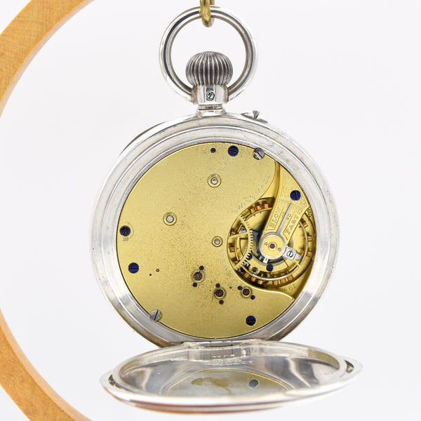 1908 Jw Benson retailed solid sterling silver open faced topwind pocketwatch by longines