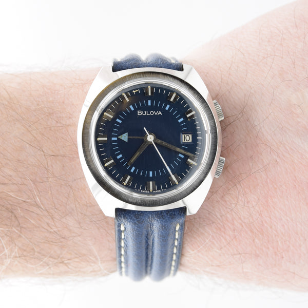 1973 Bulova rare swiss Alarm wristwatch ref 7241 - Blue dial 11AURCD caliber 36mm