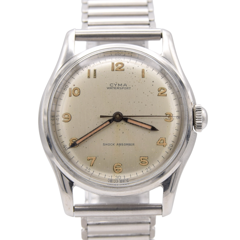 1950s Cyma Watersport steel wristwatch original all-Arabic military dial on rare GF Bonklip bracelet