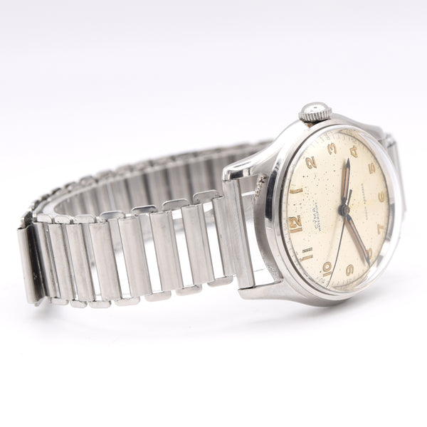 1950s Cyma Watersport steel wristwatch original all-Arabic military dial on rare GF Bonklip bracelet