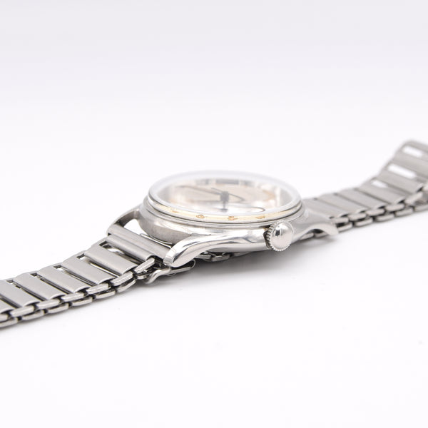 1950s Cyma Watersport steel wristwatch original all-Arabic military dial on rare GF Bonklip bracelet