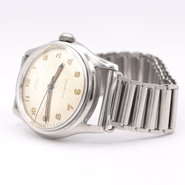 1950s Cyma Watersport steel wristwatch original all-Arabic military dial on rare GF Bonklip bracelet