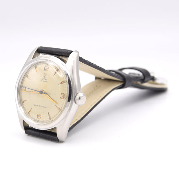 1948 Tudor Oyster Ref 7804 steel watch with original explorer-style dial, 34mm, patent Oyster crown