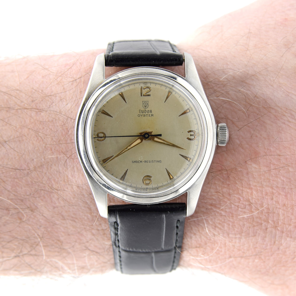 1948 Tudor Oyster Ref 7804 steel watch with original explorer-style dial, 34mm, patent Oyster crown