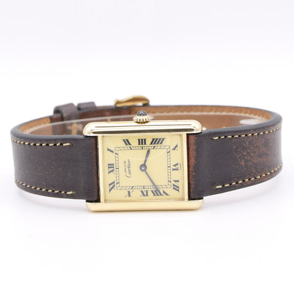 1970s Classic  Rare Cartier Tank Must De with 'Lemon' Roman Numeral Dial box, Buckle & Card