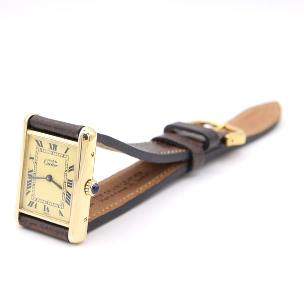 1970s Classic  Rare Cartier Tank Must De with 'Lemon' Roman Numeral Dial box, Buckle & Card