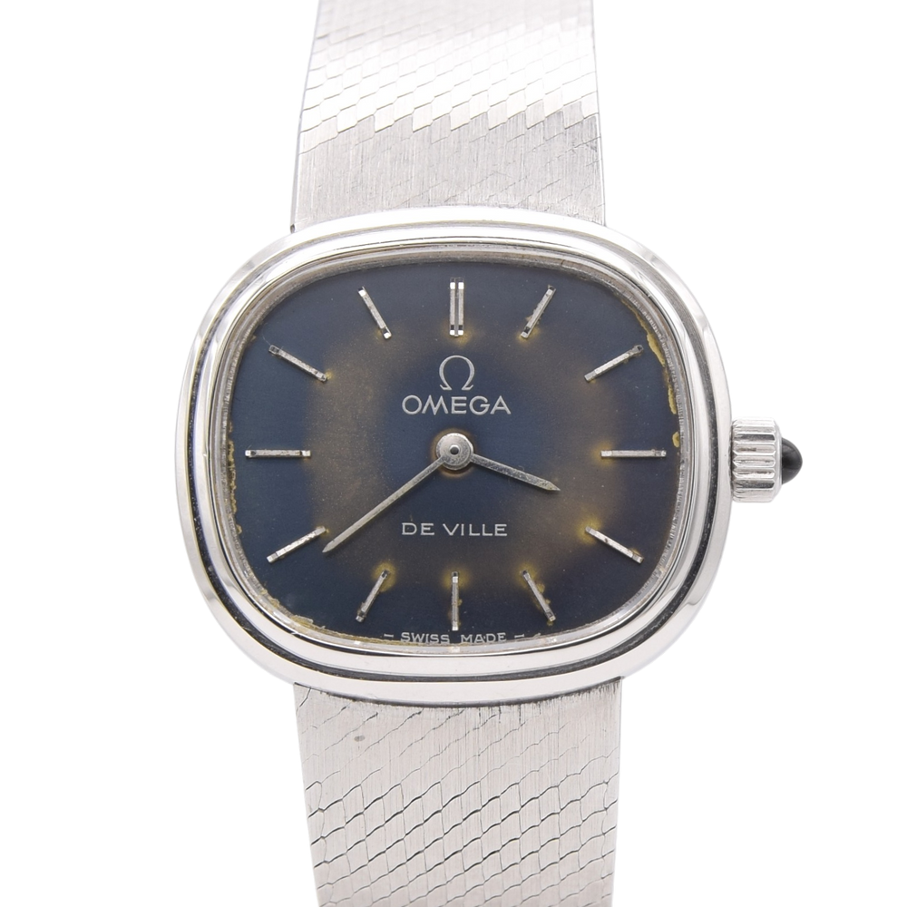 1977 Omega De Ville ladies wristwatch ref 711.2029 satin blue patina dial - integral bracelet + box