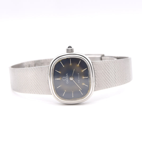 1977 Omega De Ville ladies wristwatch ref 711.2029 satin blue patina dial - integral bracelet + box