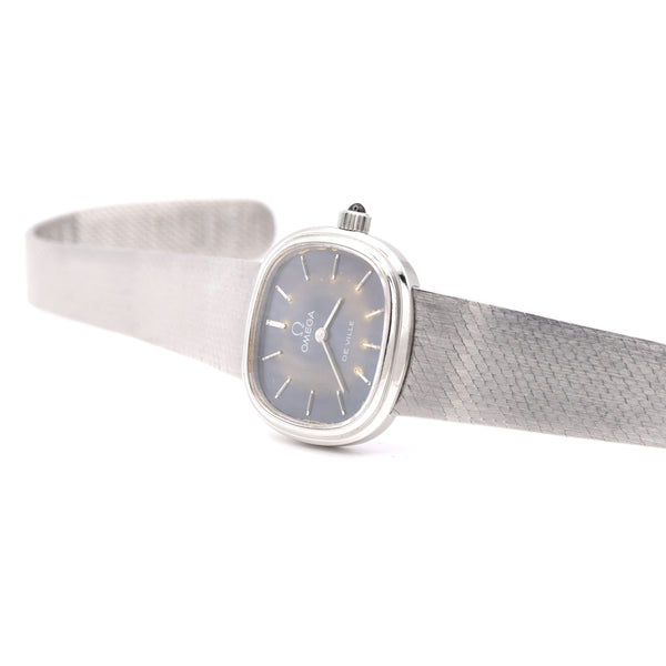 1977 Omega De Ville ladies wristwatch ref 711.2029 satin blue patina dial - integral bracelet + box